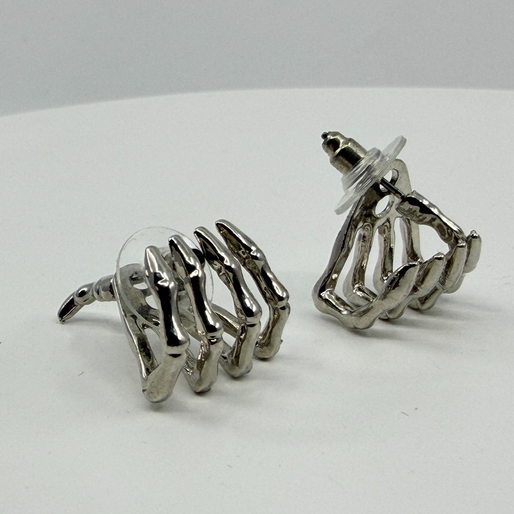 Gothic Silver Tone Skeleton Hand Earrings - Punk Halloween Statement Gift